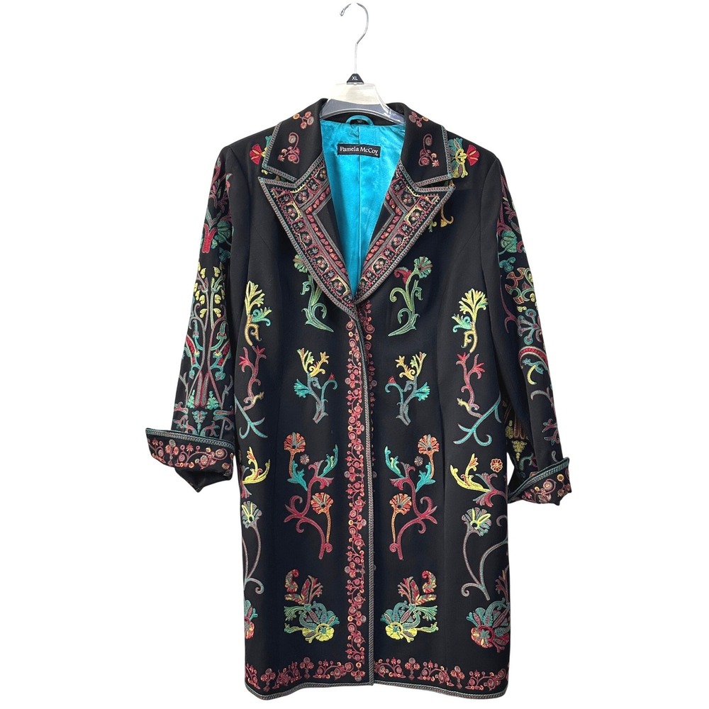 Vintage Pamela McCoy Embroidered Tapestry Coat Jacket 1X Black Multicolor Gypsy